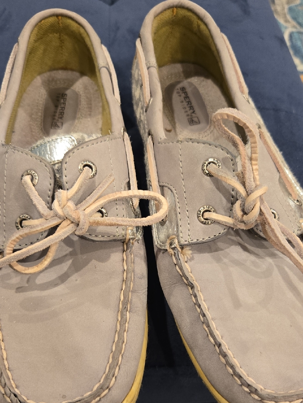 Sperry Light Gray Suede Boat Shoes with Yellow Soles and Metallic Trim